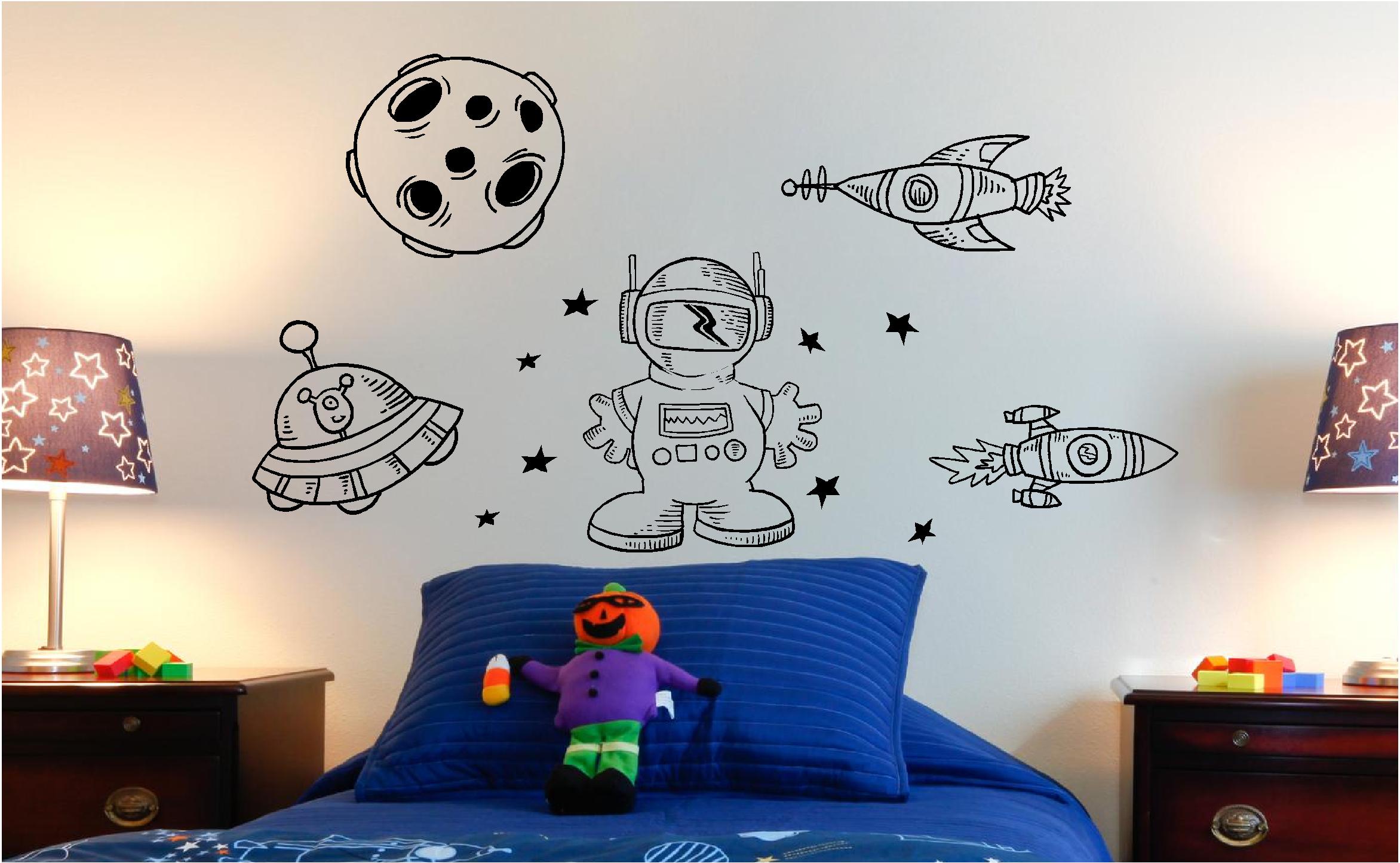 SPACEMAN AND SPACESHIPS KIDS VINYL WALL ART STICKERS GRAPHICS